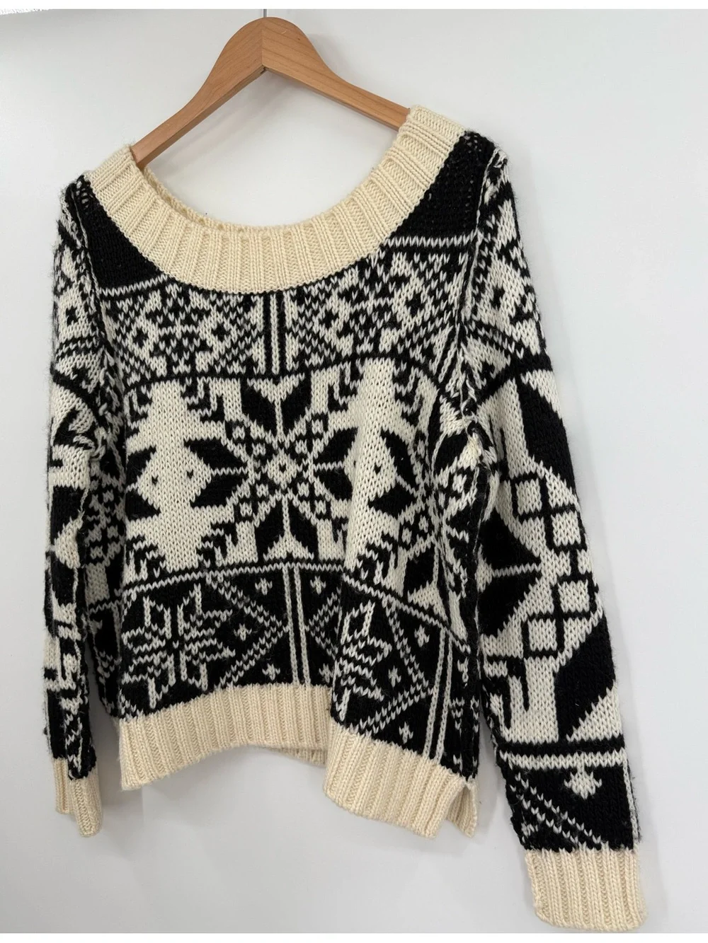 Free People Wool Blend Fair Isle Snowflake Sweater | Black Ivory | Medium